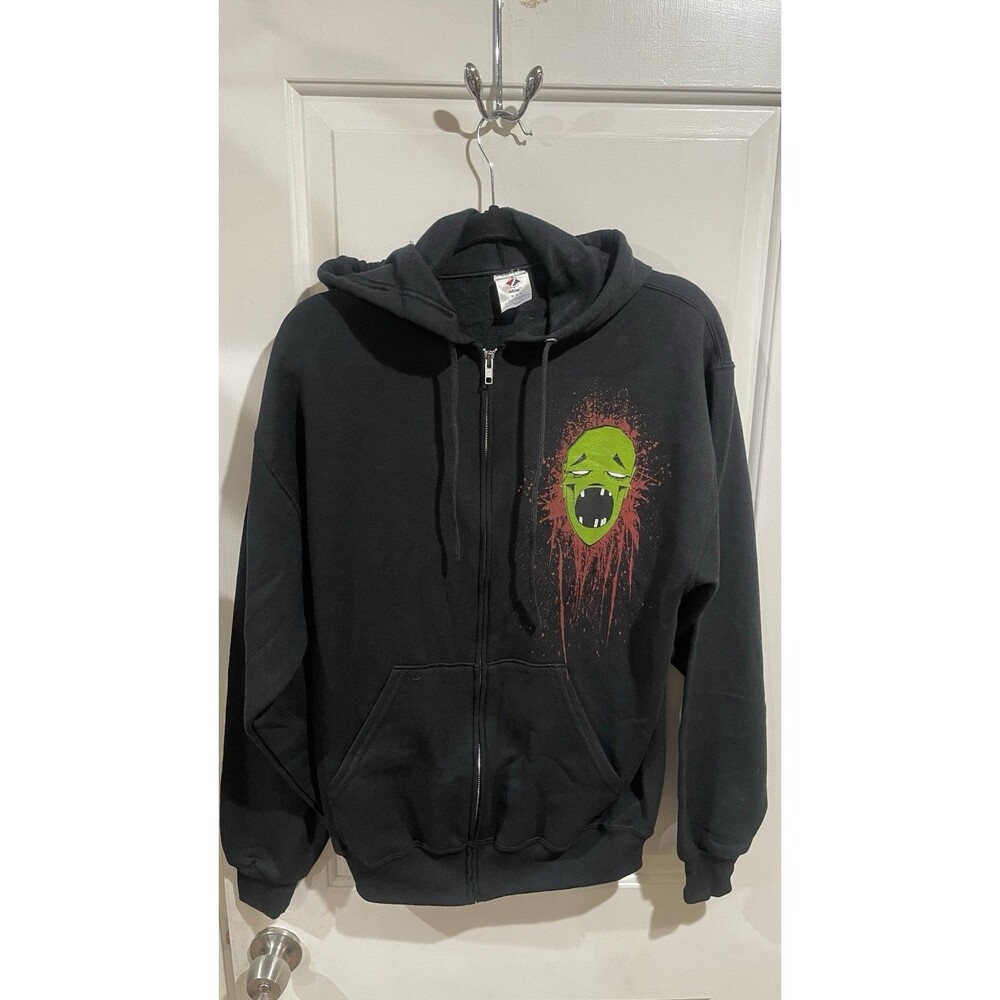 Vintage Y2K Jerzees Black Zip Hoodie Screaming Face Graphic Emo Goth M